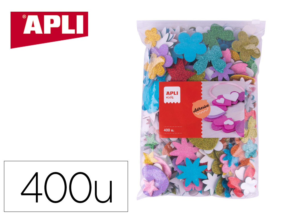 FORMES APLI KIDS MOUSSE EVA ADHESIVE DIFFERENTES          DIMENSIONS COLORIS ASSORTIS   FORMAT MAXI SACHET ZIP 400