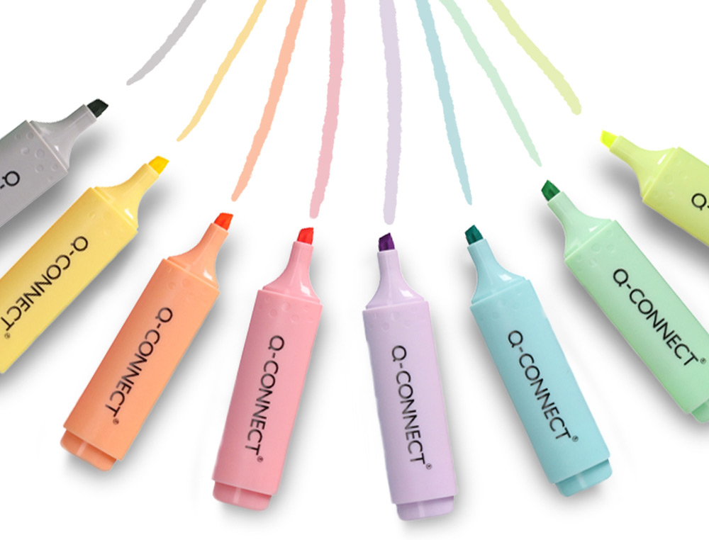 SURLIGNEUR Q-CONNECT FLUORESCENT PASTEL POINTE BISEAUTEE ETUI DE BUREAU 8 COLORIS ASSORTIS