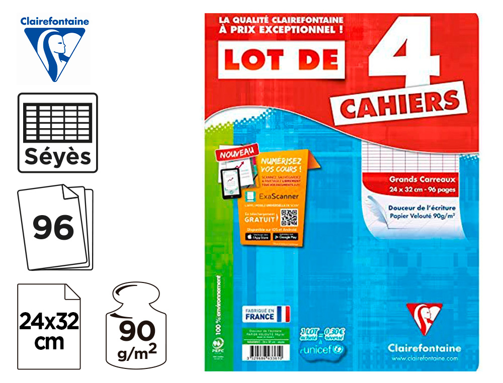 CAHIER PIQUE CLAIREFONTAINE COUVERTURE CARTE PELLICULEE   24X32CM 96 PAGES 90G SEYES    LOT 4 UNITES