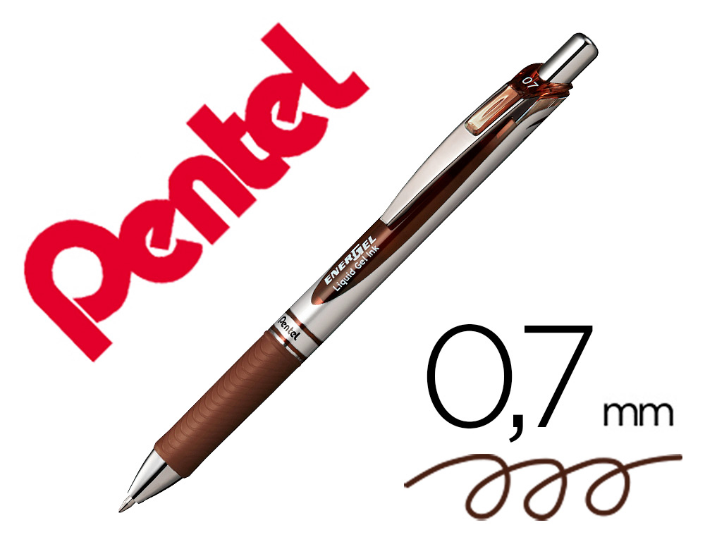 ROLLER PENTEL ENERGEL RETRACTABLE RECHARGEABLE      POINTE METAL FINE 0,7MM CLIP  METAL COLORIS MARRON