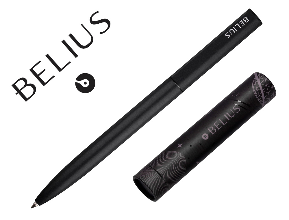 STYLO-BILLE BELIUS ROCKET B MONOCHROME SANS AGRAFE ENCRE BLEUE COLORIS NOIR DANS COFFRET CADEAU ORIGINAL CYLINDRIQUE