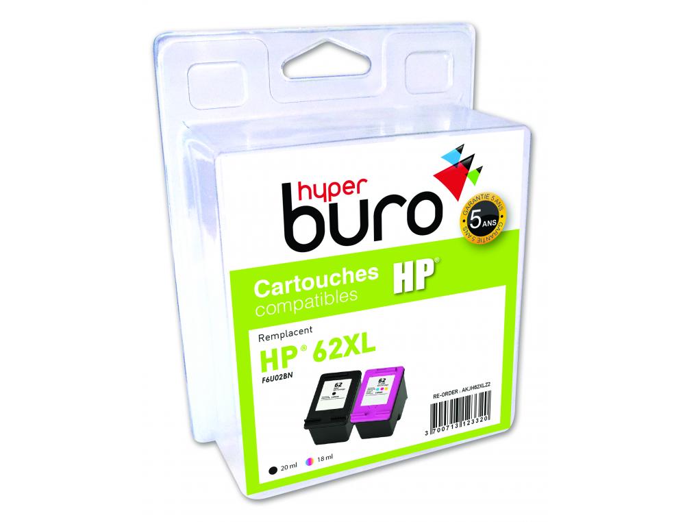 PACK DE 2 CARTOUCHE HYPERBURO JET D'ENCRE REMA HP 62XL NOIRE ET COULEUR
