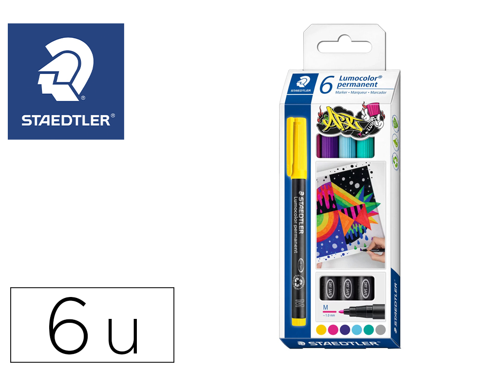 MARQUEUR STAEDTLER PERMANENT DRY SAFE LUMOCOLOR  317       POINTE MOYENNE 1MM COLORIS    ASSROTIS ETUI DE 6 FEUTRES