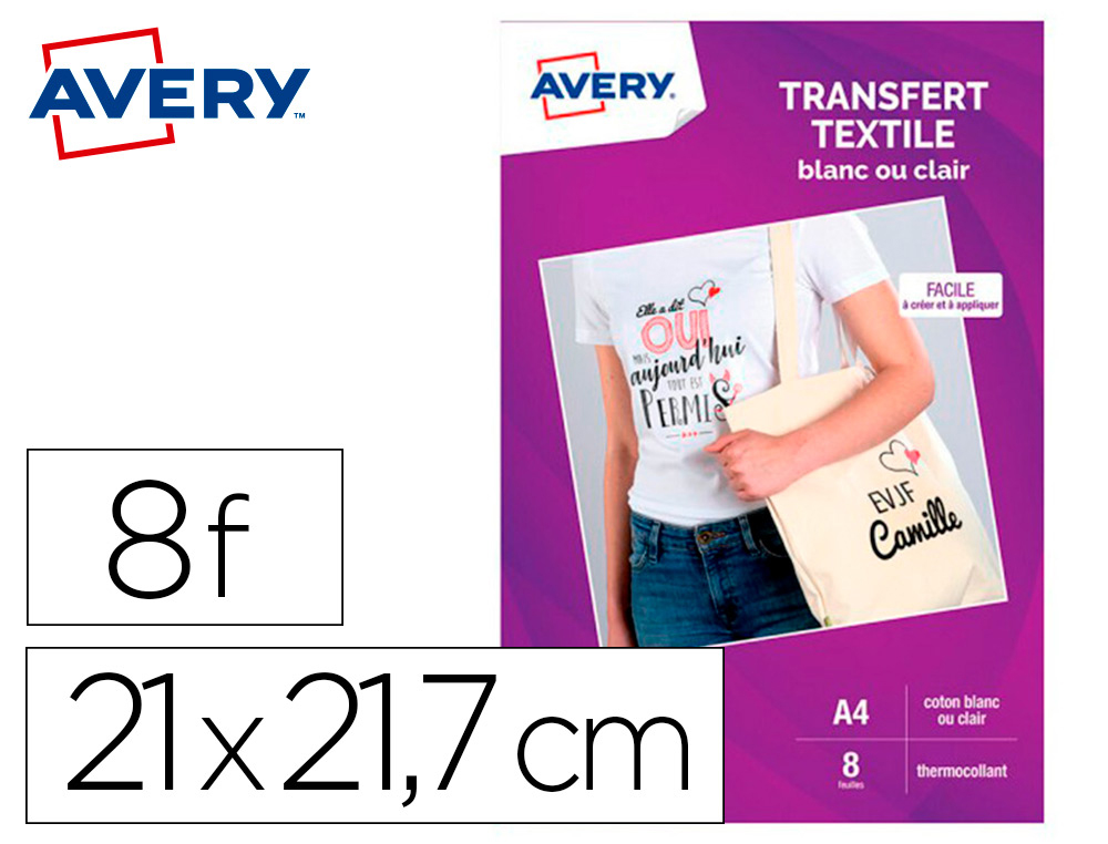 TRANSFERT TEXTILE AVERY A4 JET D ENCRE PAQUET DE 8       COLORIS BLANC OU CLAIR