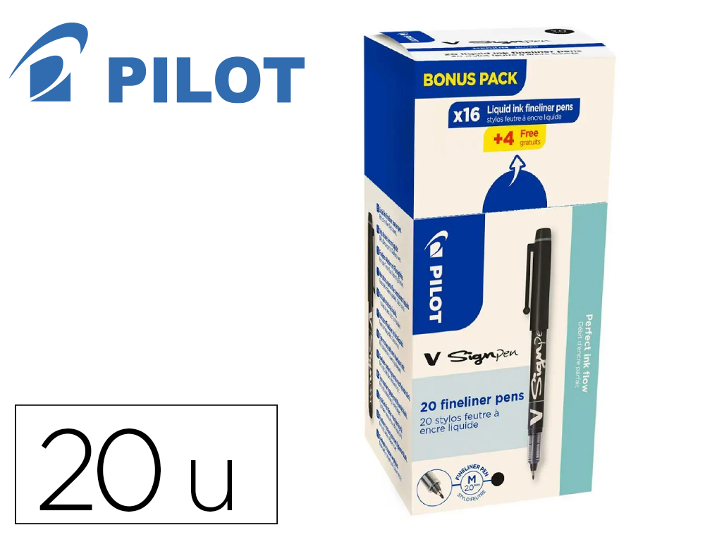 PACK FEUTRE PILOT V SIGN-PEN POINTE DE 2 MM AVEC           REGULATEUR D ENCRE 16 + 4     OFFERTS COLORIS NOIR