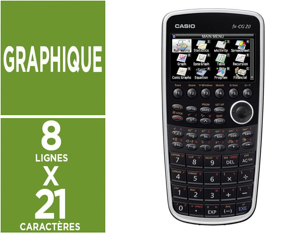 CALCULATRICE CASIO GRAPHIQUE FX-CG20 21 CHIFFRES CRAN GANT LCD 8 LIGNES CONNEXION PC/GRAPHIQUE 188.5X89.5X20.6MM 230G