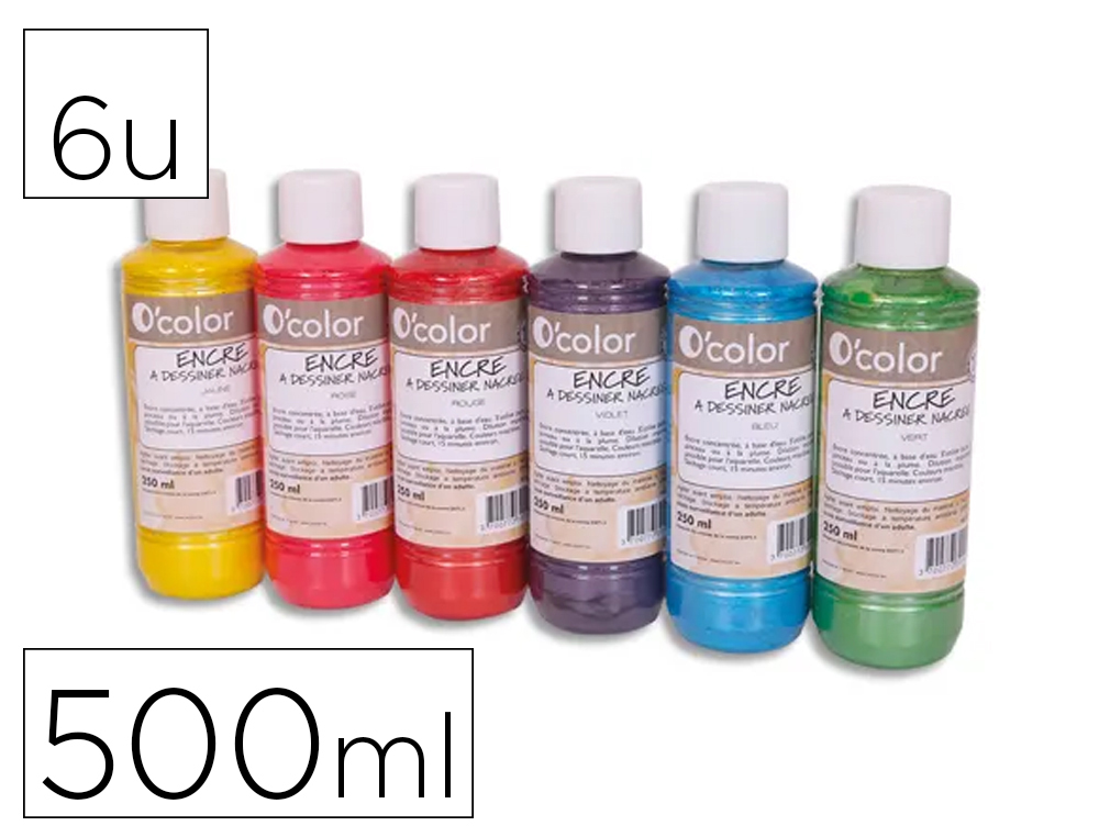 ENCRE A DESSINER O'COLOR 500ML COULEURS PRIMAIRES      ASSORTIES COFFRET 6 UNITES