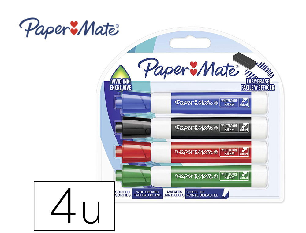 MARQUEUR PAPER MATE EFFACABLE TABLEAU BLANC POINTE          BISEAUTEE COLORIS ASSORTIS    STANDARD BLISTER 4 UNITES