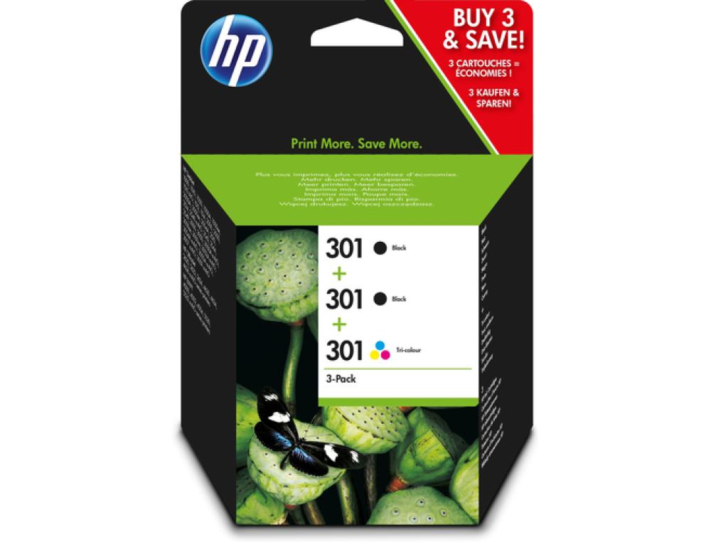 CART.HP 301 TRI PACK E5Y87EE HP 301 Black(2)/Tri-color(1) 3-pack Original Ink Cartridges, Encre  pigments, 190 pages,