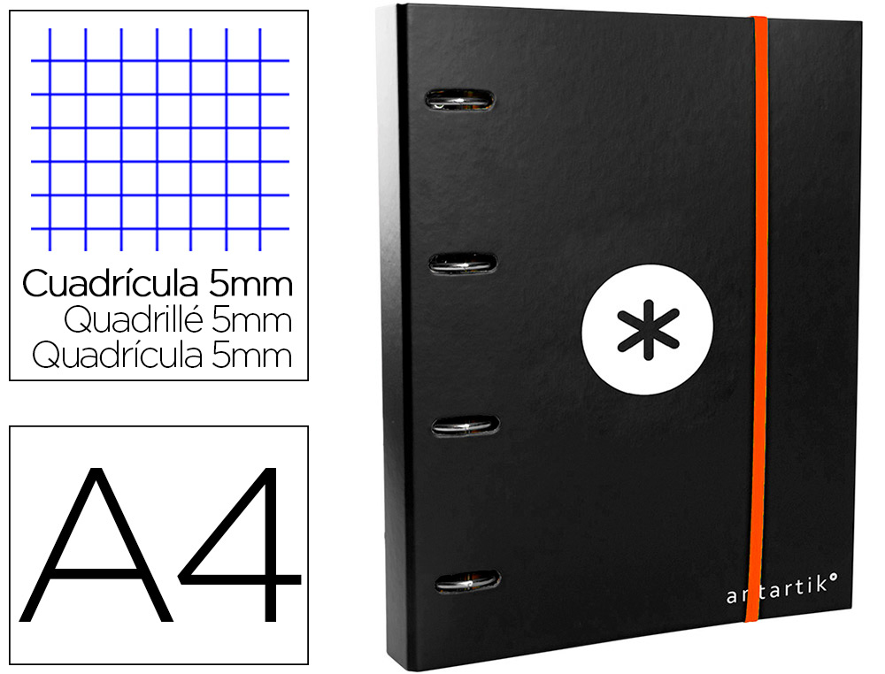 CLASSEUR ANTARTIK 4 ANNEAUX RONDS 40MM A4 CARTON REMBORDE FEUILLETS MOBILES QUADRILLAGE 5MM COLORIS NOIR