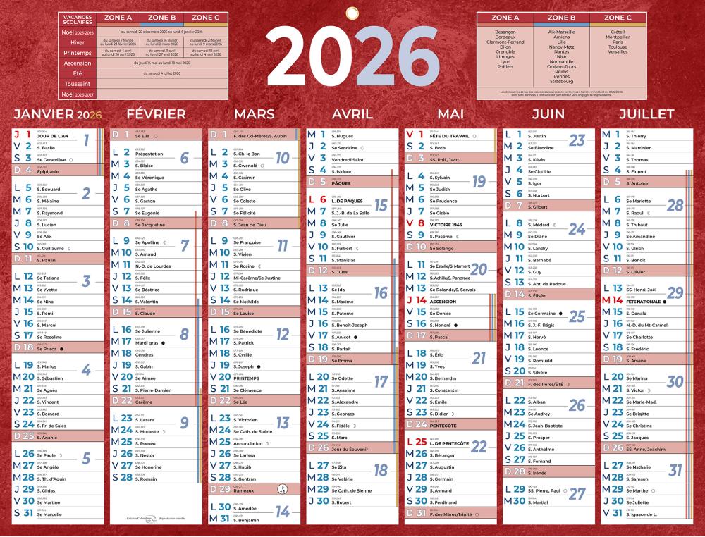 CALENDRIER BANCAIRE ROUGE 42X32 CM
