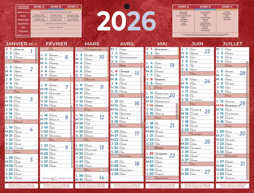 CALENDRIER BANCAIRE ROUGE 26,5X21 CM