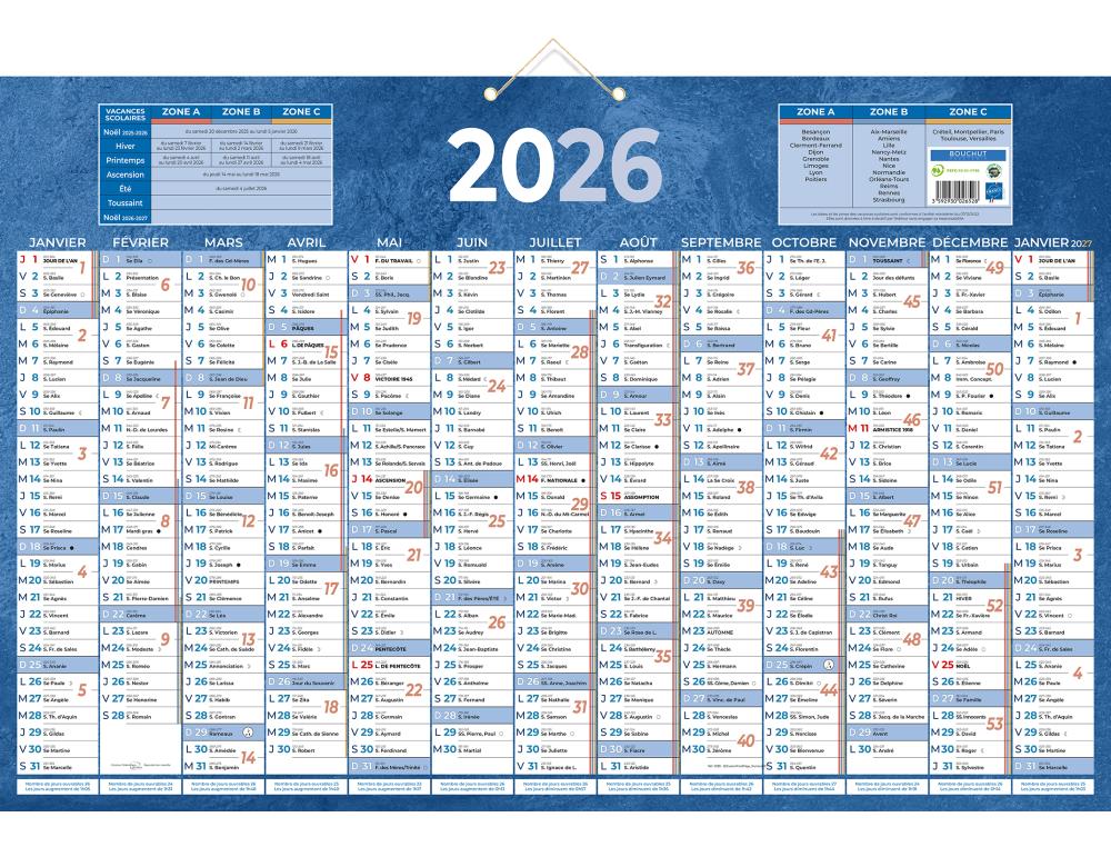 CALENDRIER BANCAIRE 13MOIS RECTO 43X65CM BLEU