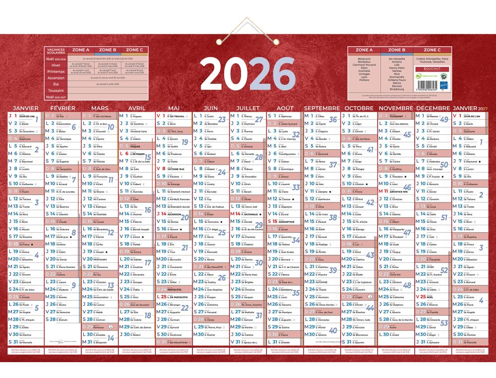 CALENDRIER BANCAIRE 13 MOIS RECTO 43X65CM ROUGE